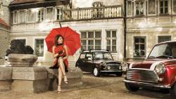1920x1200 Girl Retro Dress Umbrella City Cars Architecture